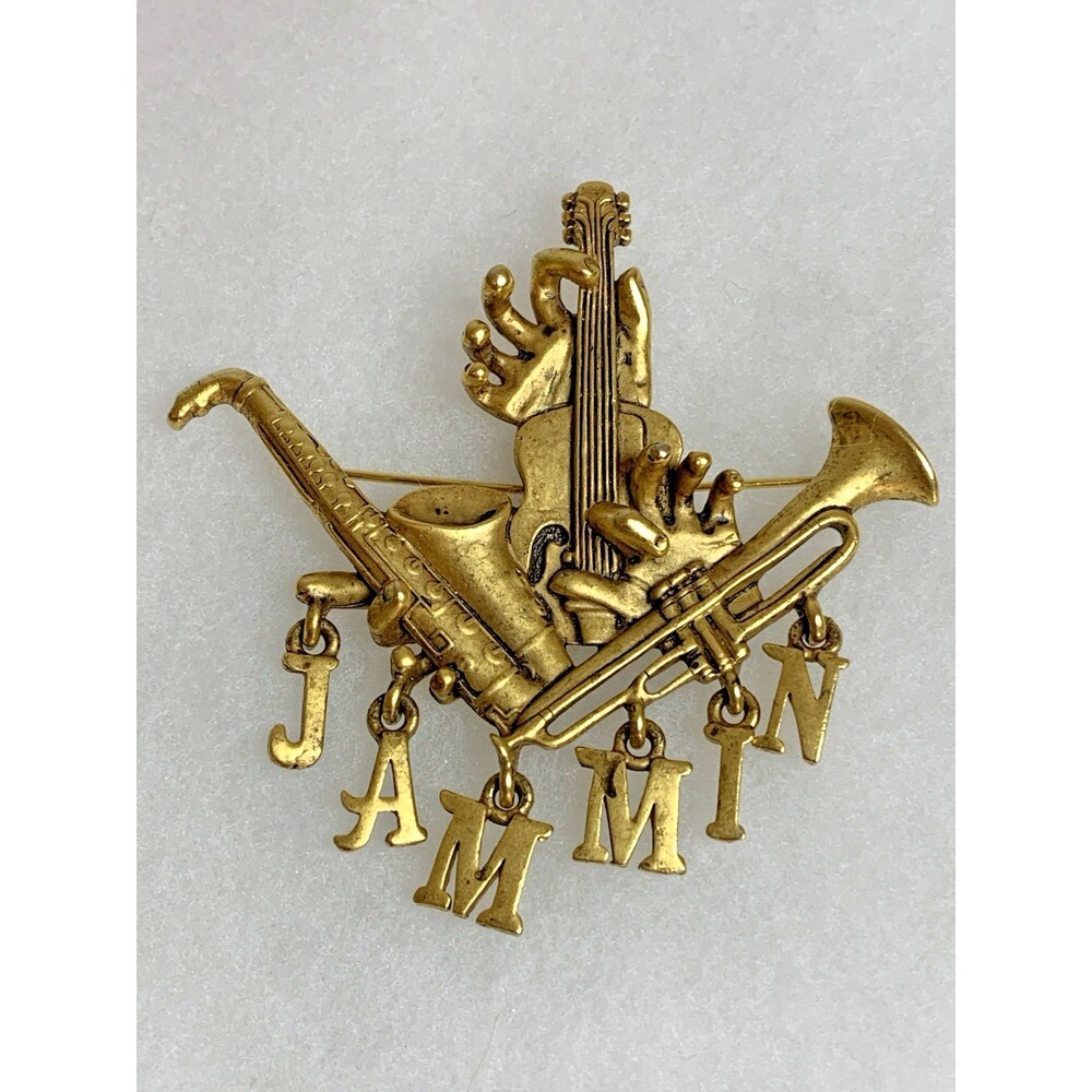 Vintage AJC Music Jazz Band Jammin Instruments Signed Brooch Large Gold Tone
